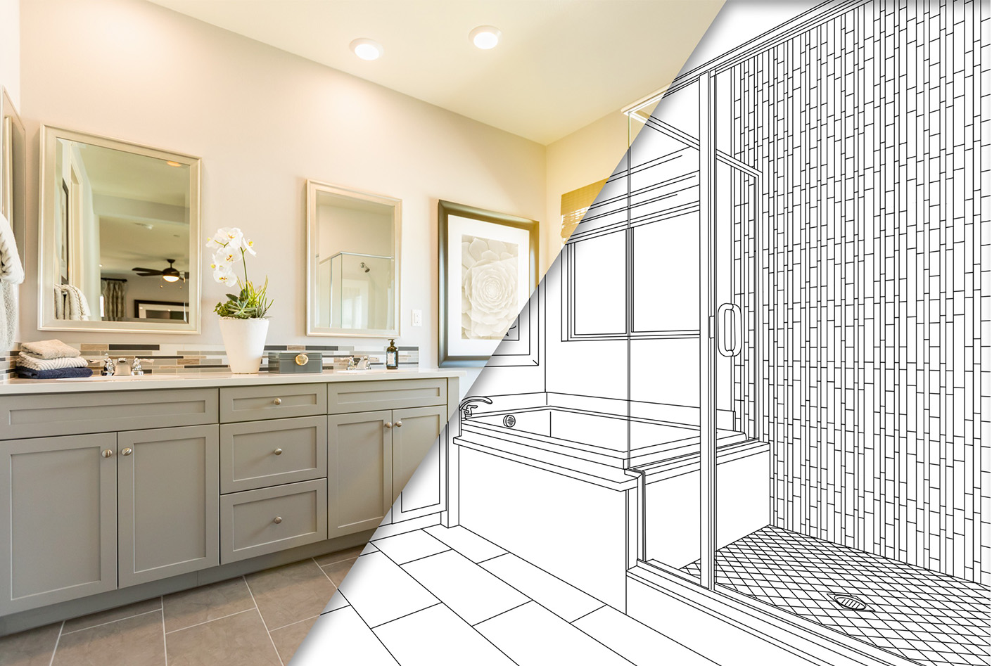 bathroom remodel showing finished and blueprint in one collage